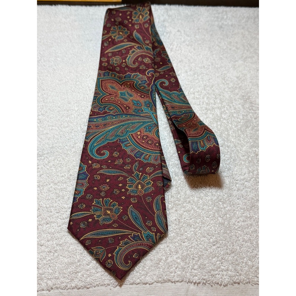 Hathaway Mens Silk Necktie Burgundy Teal Gold Paisley Made in USA Classic Tie